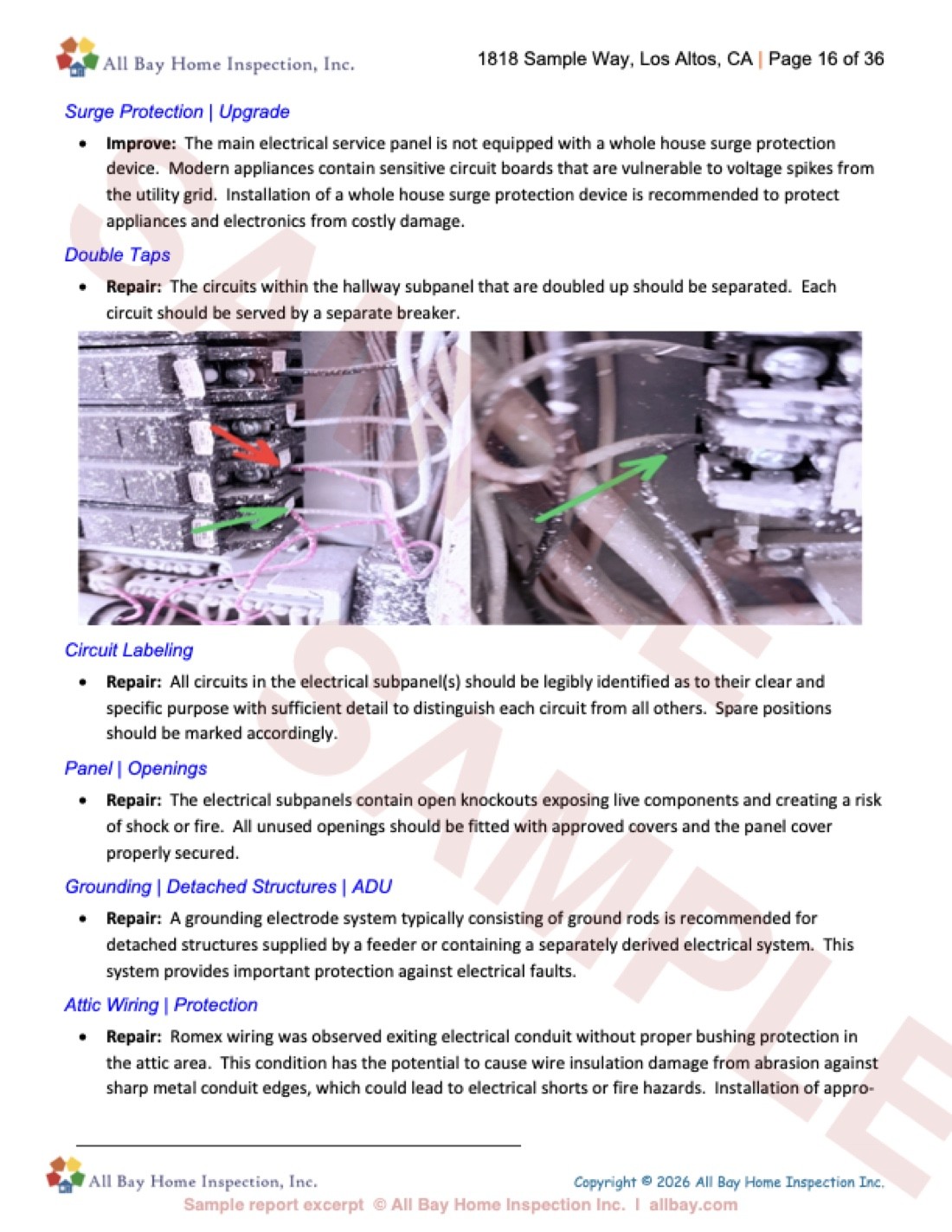 Sample report findings page with categorized findings and photographs